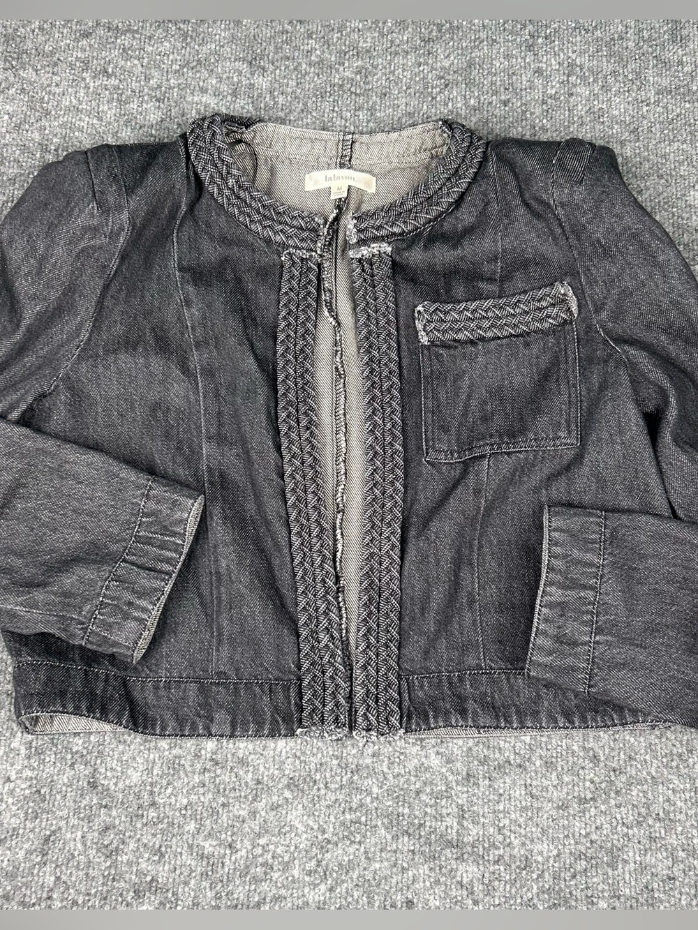Lalavon Charcoal Grey Denim Open Crop Jacket w Distinct Braided Trim Medium Chic